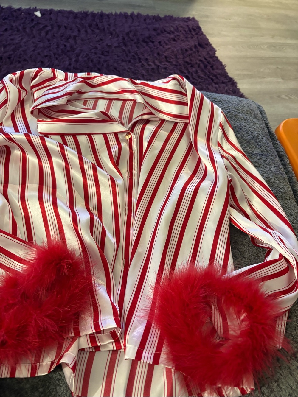 Red & White Striped Feather Cuff Satin Blouse#pj